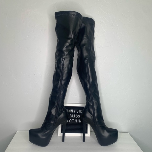 Black Faux Leather Thigh High Stiletto Boots Size 6 - Picture 10 of 14